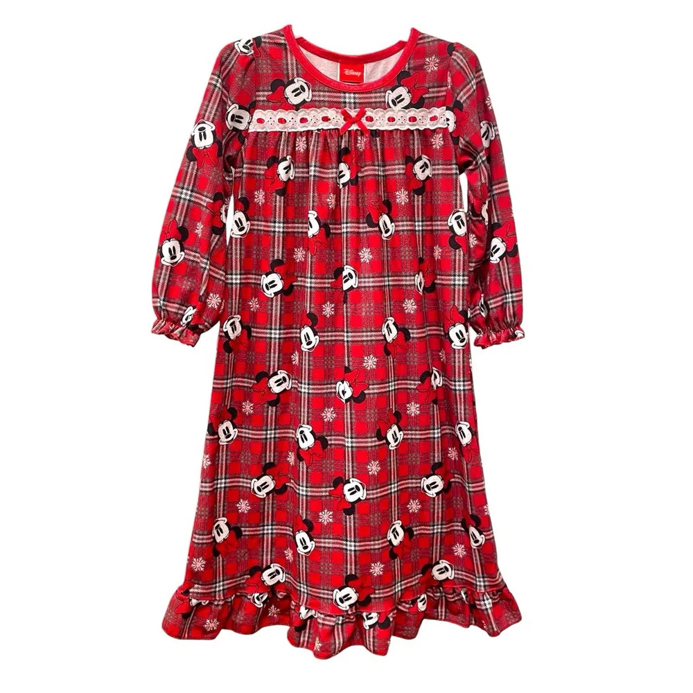 Disney Girls 4T Plaid Minnie Mouse Nightgown Flannel Ruffle Christmas Granny
